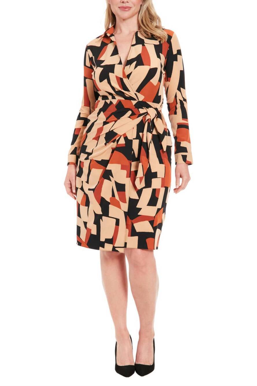 NEW LONDON TIMES long sleeve geo print wrap dress in black caramel